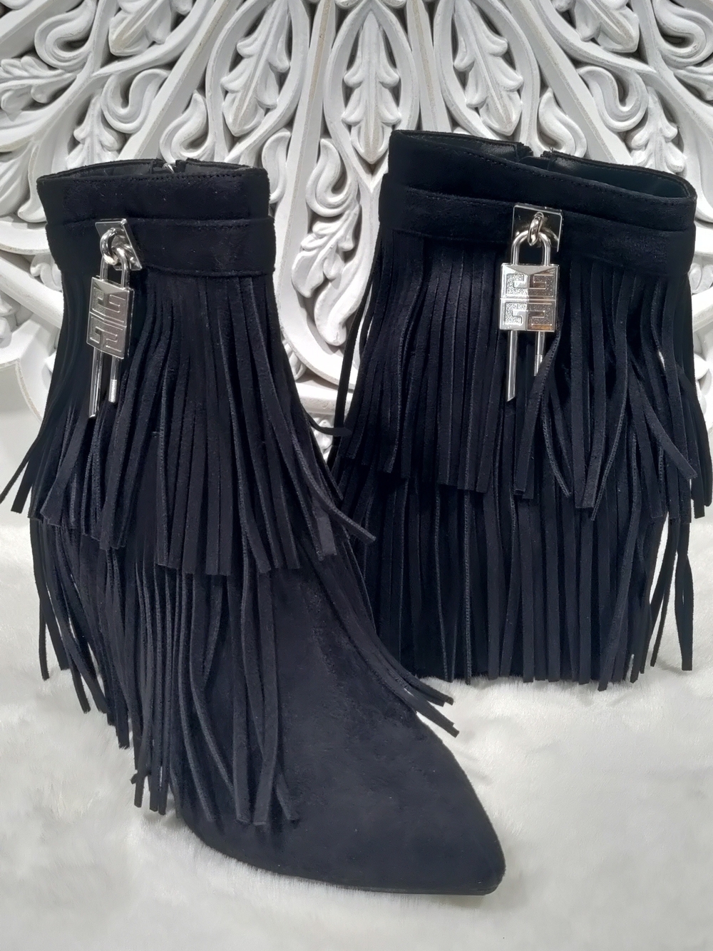 Wild Diva Black Vegan Suede Fringe Wedge Booties-Size 6.5